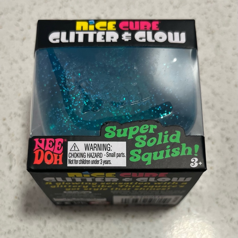 Nee Doh Nice Cube Glitter & Glow Super Solid Squish Blue NEW